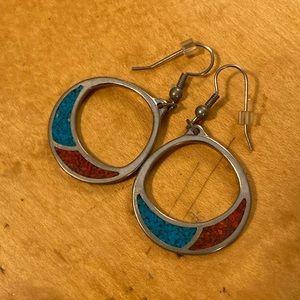 Crushed Turquoise and Coral Dangle Earrings